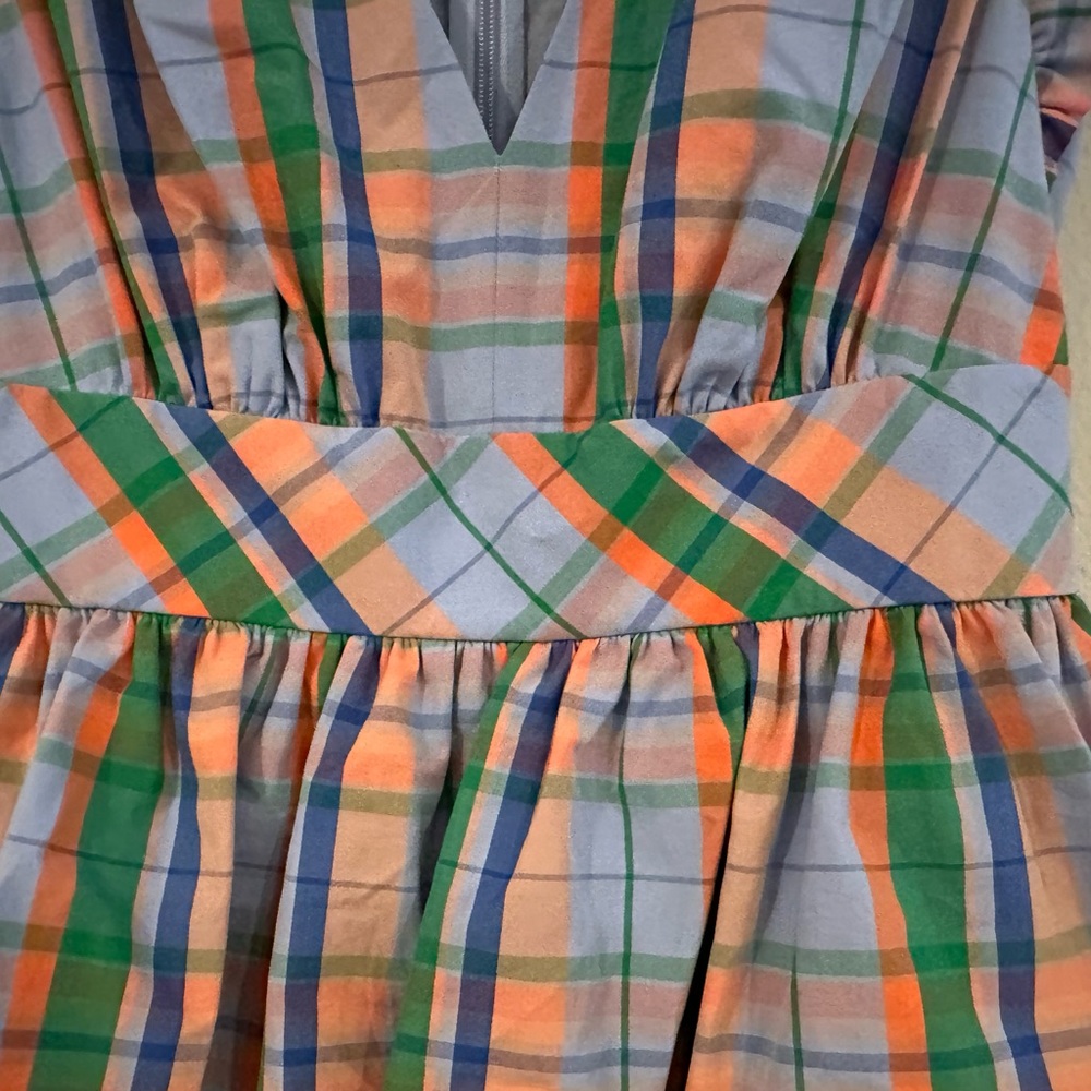 Kate Spade Pastel Plaid Tiered Ruffle Dress in Blue, Peach, Green Size 4 - Picture 10 of 13